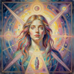 a portrait of a woman envisioning the division of humanity in search of the one truth, abstract hyperrealism, rule of thirds, pathways and portals to other worlds, extremely detailed, intricate pastel artwork, geometry, hermeticism, magical symbolism