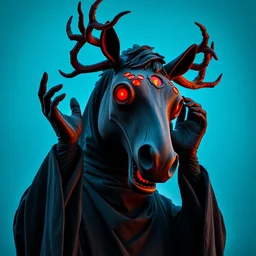 an ominous haunting horse mask with many red eyes and twisting antlers figure wearing a black robe, ( ( ( hands in the air ) ) ), full figure, statue