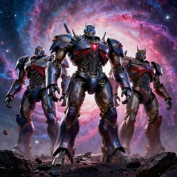 movie still frame, giant armored titan robots standing on and asteroid, epic pose, a psychedelic nebula in the background, beautiful composition, 8 k, cgi, by ridley scott, zack snyder and michael bay