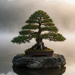fhoto bonsai fir on a small rock in lake, refle, fog, medium shot, volumetric lighting, beautiful, golden hour, sharp focus, ultra detailed, cgsociety by leesha hannigan, ross tran, thierry doizon, kai carpenter, ignacio fernandez rios, noir art house, 4 k, 3 5 mm, fujifilm