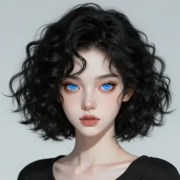 pale girl with striking blue eyes and curly black hair in a bob hairstyle, digital art, trending on artstation