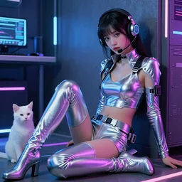 beautiful cybergirl with the headset  in the metallic costume sitting on the floor near a white cat in the neon room, blade runner movie, digital art, highly detailed