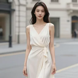 detailed mid - shot portrait of a beautiful young 2 0 - year - old woman in a flowy drapey dress in a city street, posed in a three - quarter angle, shot from a super low angle, with multiple large softboxes for dramatic lighting, shot with a hasselblad x 1 d and a wide angle zeiss lens, award - winning fashion magazine photo