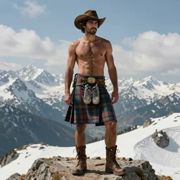 a homoerotic portrait by greg rutkowski and albert bierstadt and bill ward of a shirtless brown desi hiker on a mountain peak | he is wearing a revealing tartan kilt, cowboy hat, and leather boots | background is snowy mountains and clouds | detailed face | trending on artstation