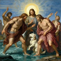 An epic matte painting of Jesus saving Petrus in the Water, beautiful, stunning, gorgeous, 4k resolution, professional digital art, f16, intricate