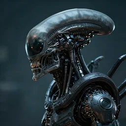 alf xenomorph half covered face with cybernetic enhancements as seen from a distance, scifi character portrait by greg rutkowski, esuthio, craig mullins, 1 / 4 headshot, cinematic lighting, dystopian scifi gear, gloomy, profile picture, mechanical, half robot, implants, solarpunk
