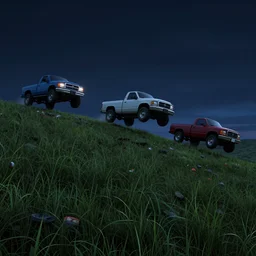 100 pickup trucks jumping across the grass hills at dark midnight!!!!!!!, 4k cinematic cgi rendering, realistic, photorealistic, blender cycles, blenderartists.org featured on artstation, concept art matte painting, surrealism