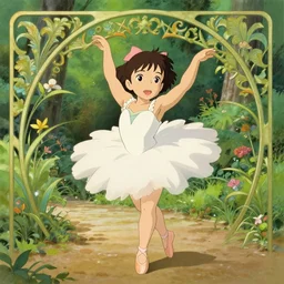 well - lit art nouveau face portrait of a 1 3 - year old ballet girl in the garden, natural lighting, path traced, highly detailed, high quality, cartoon, digital painting, by don bluth and ross tran and studio ghibli