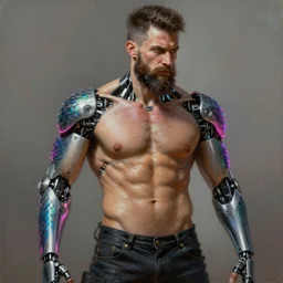 ultra realist intricate detailed painting of a single bearded attractive ( ( cyborg ) ) male, neon scales and lights, model pose, art by vitaly bulgarov and nivanh chanthara, hyperrealistic, soft lighting, octane render