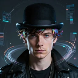 A portrait of Thom Yorke as a cyberpunk wearing a bowler hat, iridescent highlights, surrounded by digital swirls, highly detailed, intricate, soft, sci-fi, sharp focus, glowing lines, art by artgerm and jean giraud