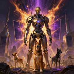 portrait sci-fi art by Greg Rutkowski and Ruan Jia, great Dane dog park, solar flares, futuristic environment, detailed and intricate environment, fractal biomech, cyberpunk, neon color, purple bioluminescence, gold and black metal, dramatic lighting, cinematic, high technology, highly detailed portrait, digital painting, artstation, concept art, smooth, sharp focus, ilustration, Artstation HQ