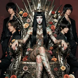 cyberpunk fashion a beautiful black haired woman with pale skin and a crown on her head sitted on an intricate metal throne skin wrapped in flowers and wired, vintage style, by yoichi hatakenaka, masamune shirow, josan gonzales and dan mumford, ayami kojima, takato yamamoto, barclay shaw, karol bak, yukito kishiro