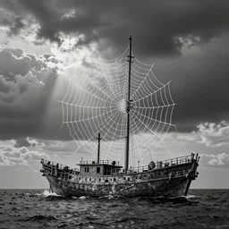 one-line art grafic the organic ship included a spider web, grey scale