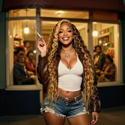 standing portrait of ecstatic cardi b looking into the camera standing smoking a cigarette, warm street lights store front, 1 9 6 0 s technicolor, intricate, moody, personal, highly detailed, short focus depth, donato giancola, joseph christian leyendecker, frank frazetta, alex horley, ralph horsley, michael whelan, 2 0 0 mm focal length