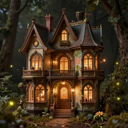 a stunnng victorian fairy house, art nouveau, steampunk, ultra detailed, warm interior light, cinematic shot, photorealistic, octane render, high definition, fine details, fairy mood, fireflies, 8 k