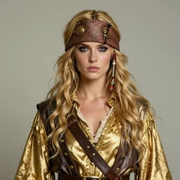 realistic portrait of a mysterious pirate made of gold in silky clothes with long golden hair, detailed, 1 4 5 0, delicate, hyper realism, ultra realistic, 8 k