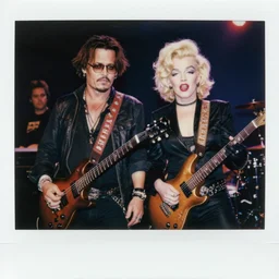 A photorealistic old polaroid image of Johnny Depp and Marilyn Manson performing on stage in a band. Trending on Artstation, featured on Behance, well-rendered, intricate, highly detailed, very crispy, Unreal Engine, 4K HD