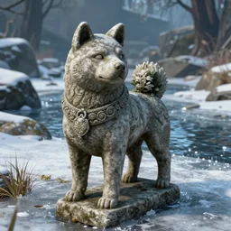 an ancient and weathered stone shiba inu statue beside a frozen stream, skyrim pc screenshot
