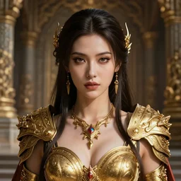 professional digital art of a hyper realistic and highly detailed photography of a stunning woman in a beautiful complex and sexy golden armor. face and eyes hyper realistic, symetric, and highly detailed. background is an ancient temple. greg rutkowski, zabrocki, karlkka, jayison devadas, intricate, artstation, 8 k, unreal engine 5