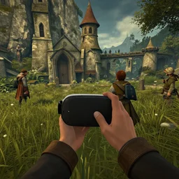 VR gameplay screenshot. VR gameplay screenshot of someone within J.R.R. Tolkien's Middle-Earth. Beautiful. Trending on Artstation. Lighting, colors, and shading by James Gurney.