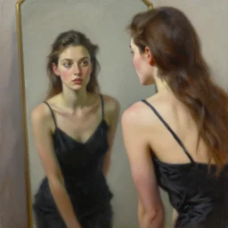 fashion model looking in mirror, hyperrealism oil painting