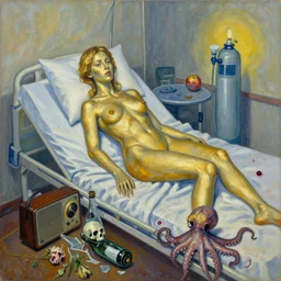 gold, portrait of a female art student in a hospital bed, sensual, skull ; smashed bottles, radio, wilted flowers, squashed berry stains, octopus, scientific glassware, eating rotting fruit, oxygen tank, candlelight, neo - impressionist, surrealism, acrylic and spray paint and oilstick on canvas
