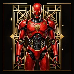 evil robot, red and gold, art deco noir style, graphic design