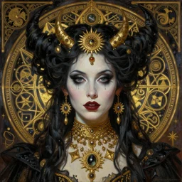 hyper realistic painting portrait of goth queen, occult diagram, elaborate details, detailed face, intrincate ornaments, gold decoration, occult art, oil painting, art noveau, in the style of roberto ferri, gustav moreau, jean delville, bussiere, andrew gonzalez