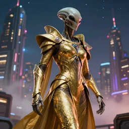 closeup of an alien with no helmet wearing a long flowing cloth shirt over stylish large futuristic golden armor suit walking to a tall alien city with buildings and lights in the background, night sky with stars, light fog, beautiful colorful, incredible detail, anamorphic 2 0 mm lens flare