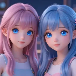 extremely detailed blue eyes, full faces, very beautiful cute girls at night in very cute realistic WLOP digital art style, trending on Artstation, made by Tran Ross, , feminine in cute pastel shades, trending on pixiv, Unreal Engine, cool 3d visualisation, 4k, with beautiful volumetric light