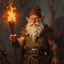 a beautiful portrait painting of an d & d fantasy gnome holding burning torch, portrait fantasy art, art by keith parkinson and greg rutkowski and tim hildebrandt