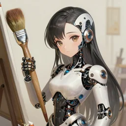 cute cyborg painter holding a large brush, magnificent, medium shot, details, sharp focus, elegant, highly detailed, illustration, by jordan grimmer and greg rutkowski, intricate, beautiful, trending artstation, pixiv, digital art