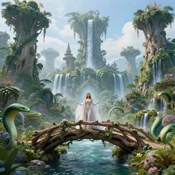 a sorceres queen in a magical kingdom. nature towers, magic gardens and waterfalls a bridge made out of oaks, beauty abundance and a serpent goddess