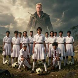 kerala school boys playing football wearing girls dresses posing for a photo, an epic fantasy, dramatic lighting, cinematic, establishing shot, extremely high detail, photorealistic, cinematic lighting, artstation, matte painting by christopher nolan, horizon forbidden west