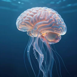 translucent human brain 🧠, with many tentacles, floating in the deep blue ocean, like a jellyfish, ethereal lighting