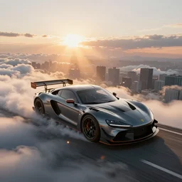 “a beautiful car racing in the clouds during sunset above a city from a breathtaking angle, 4k, rays of light, particles light, artstation”