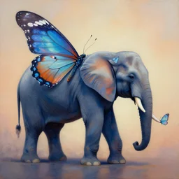 painting of hybrid between butterfly!!!!!!!!!!!!! & elephant, intercrossed animal, mixture animal, by tiffany bozic, by zdzislaw beksinski, biomorphic, cold hue's, warm tone gradient background, concept art, beautiful composition, digital painting,