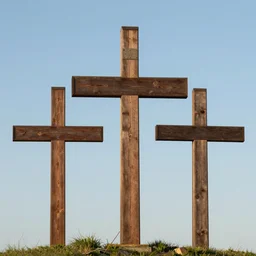 beautiful photograph three 1st century empty wooden crosses on calvary hill, close up, dslr photo