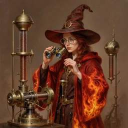 a female wizard operating a random pointlessly elaborate intricate contraption pneumatic machine portrait, wearing red flame hoodie robe, binoculars glasses, wizard hat, fine art, award winning, brown colour scheme, intricate, elegant, sharp focus, octane render, hyperrealistic, wizard hat cinematic lighting, highly detailed, digital painting, 8 k concept art, art by jamie hewlett and z. w. gu, masterpiece, trending on artstation, 8 k