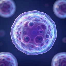 3 d render, biology cell with iridescent glowing light, purple and blue color scheme