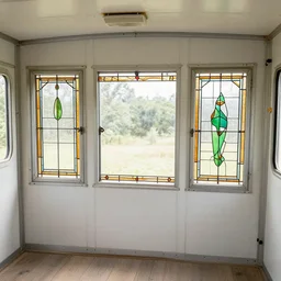1 9 7 0 s trailer home interior with stained glass windows, poor quality real estate listing photograph, 2 0 0 3, flash enabled