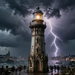 closeup photo, a steampunk lighthouse, a dark storm closes in over a a gushing landscape, lightning and rain, huge crowd running in the rain, baroque gothic victorian lighthouse city vista