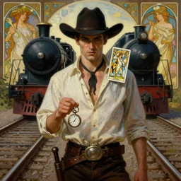 a dramatic ethereal epic symmetrical painting of a handsome villainous cowboy standing in front of railroad tracks with a train locomotive | his shirt is unbuttoned and he has a pocketwatch | tarot card, art deco, art nouveau, homoerotic, realistic | by mark maggiori and ( ( alphonse mucha ) ) and bill ward | trending on artstation