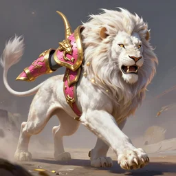 concept art of portrait of a white anthropomorphic lion, dragon armor pink and gold, launching an attack!!, running to the camera!!, style like ajani goldmane, like a heroes of the storm, anime by artgerm and greg rutkowski and magali villeneuve