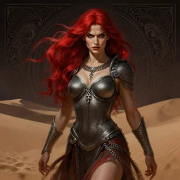 portrait of elegant Red Sonja, dark and ethereal, expressive pose, flaxible, angry expression, chainmail, fantasy, intricate, dark desert background, dune high fashion, fantasy, intricate highly detailed, digital painting, artstation, concept art, smooth, sharp focus, illustration, art by artgerm and greg rutkowski and alphonse mucha