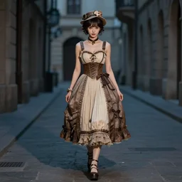 full body portrait photo of reol wearing a elegant pleated steampunk dress, open top, wearing a cute hat, walking down a old european street outside, dim studio lighting, ( ( photograph ) ), moody, realistic, detailed, low light, skin tinted a warm tone, light blue filter