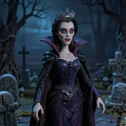 photo taken of an epic intricate, ultra detailed, super realistic stop motion puppet of a majestic gracious regal aristocratic brunette female vampire in a graveyard after dusk filmset created by weta workshop directed by tim burton, menacing, close up shots, moody night time scene, photorealistic, sharp focus, gloomy, extremely cold blueish colour temperature, 3 5 mm, f 1. 4