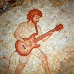 Cave painting of bo burnham making music, prehistoric art in red ochre from from Lascaux Cave