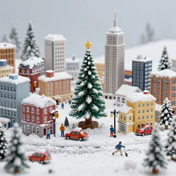 Realistic snow-covered city ::2.3 detailed toys, Christmas tree in the middle of the city ::2.3