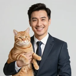 caveman in business suit smiling at camera, red catpet photo